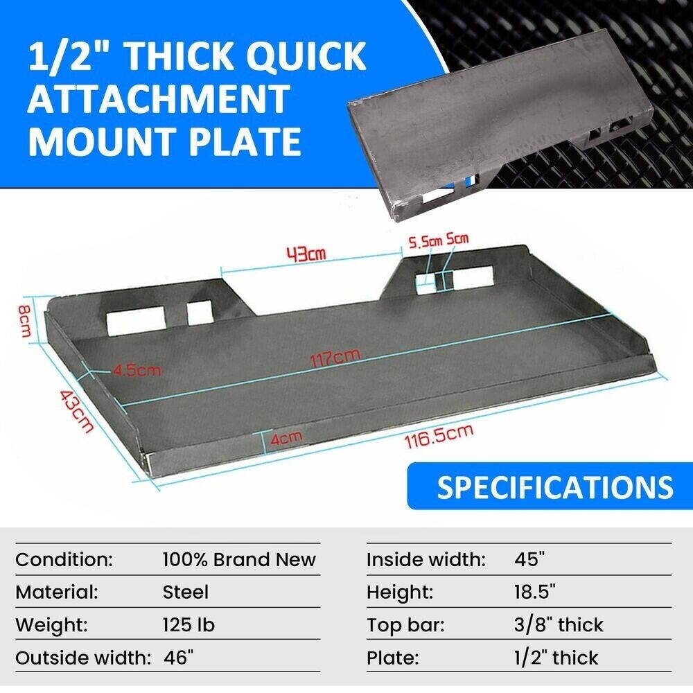 1/2" thick Skid Steer Mount Plate Adapter Loader Quick Tach Attachment