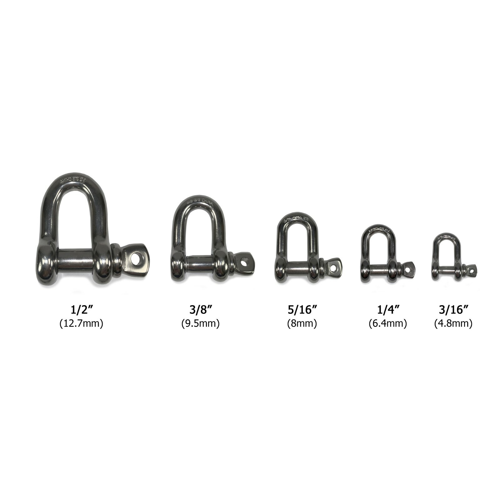T-316 Stainless Steel D Shackle Marine Grade 3/16" to 1/2" Oversized Pin (D)