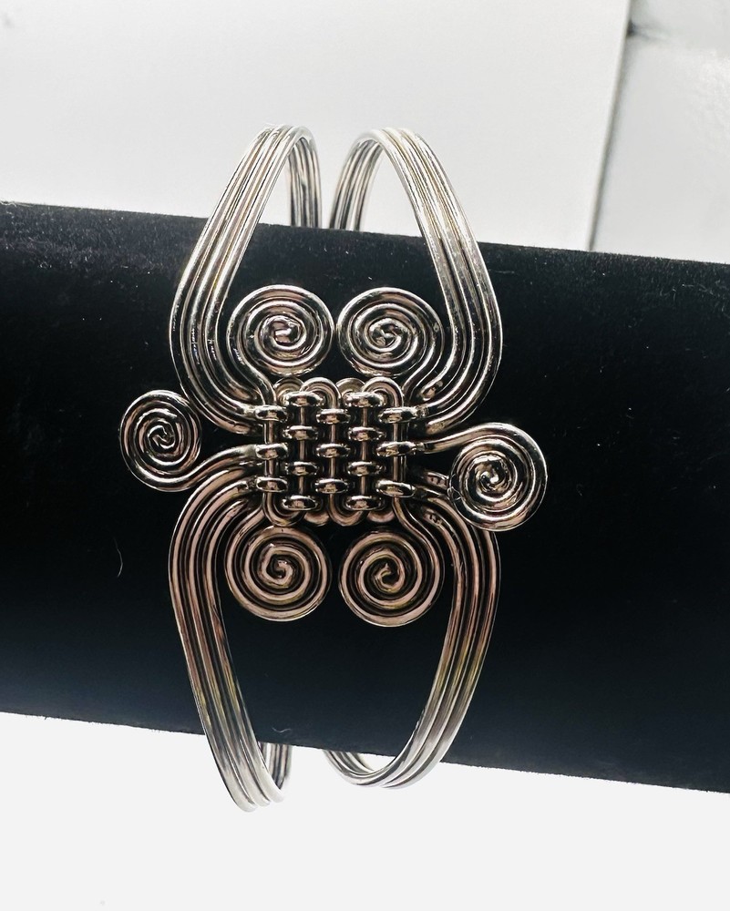 Boho Silver Tone Wire Wrapped Cuff Bracelet Artisan Scroll Modernist Statement