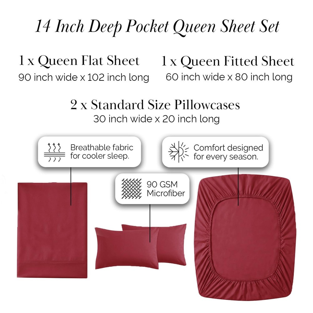 , Inc. 14" Deep Pocket Queen Size Sheets, 3-Piece Microfiber Bedding Set, Dee...