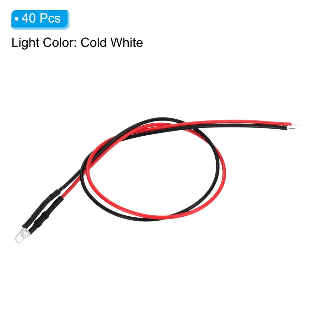 3mm LED Diode Light, 40 Pcs 9-12V DC, Cold White Light