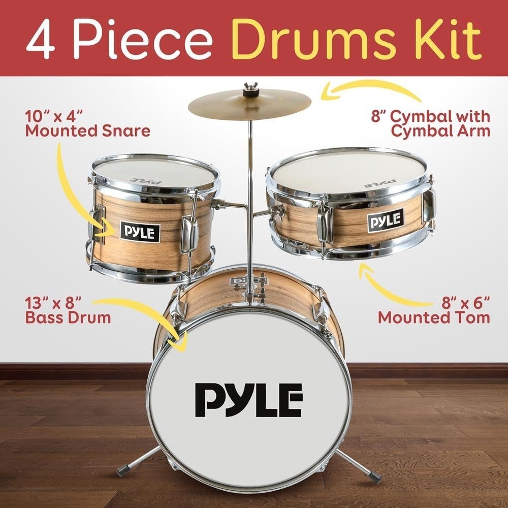 Pyle 3 Pcs Drum Set Beginner Junior Drummer Kit-Adjustable Throne -Natural