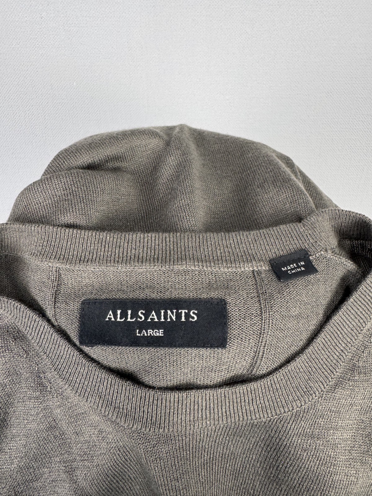 ALLSAINTS Green Long Sleeve Small Embroidered Logo Light Knit Sweater Sz L