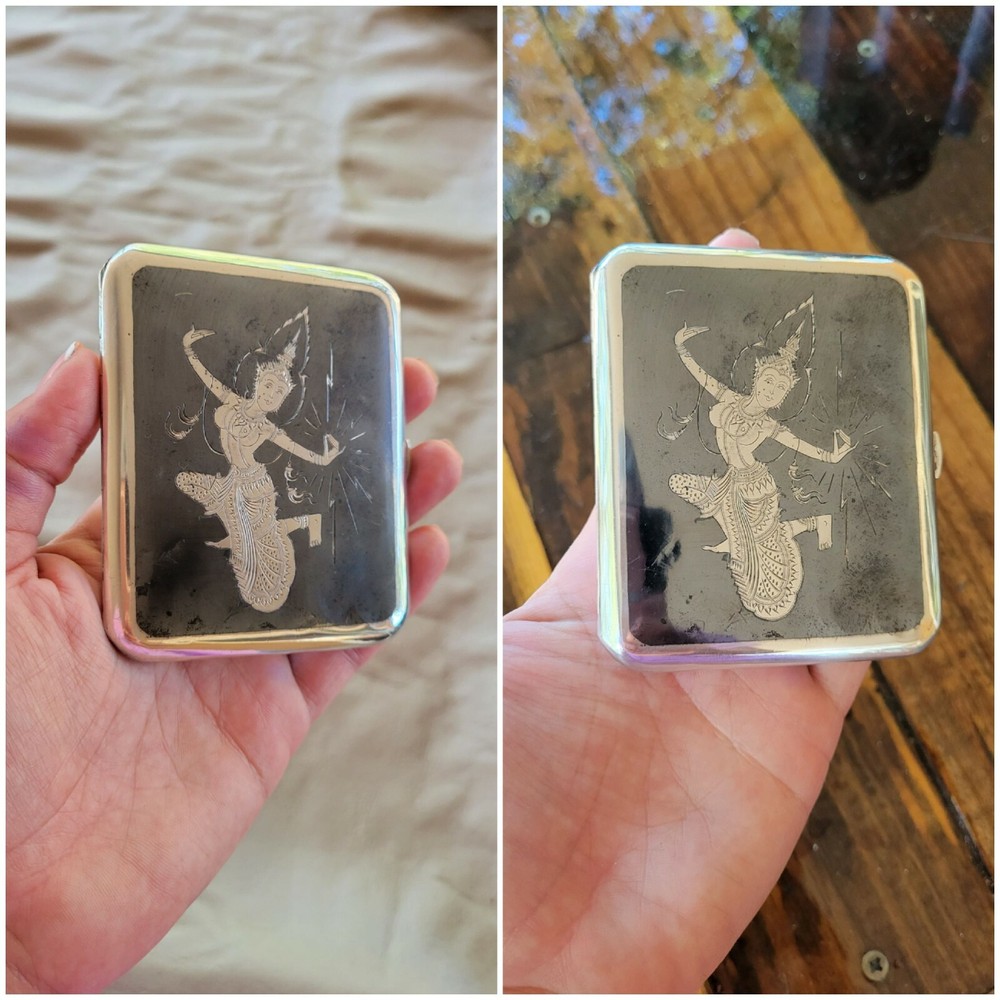 VTG Siam Thailand Solid Sterling Silver & Niello Dancer Etch Cigarette Case