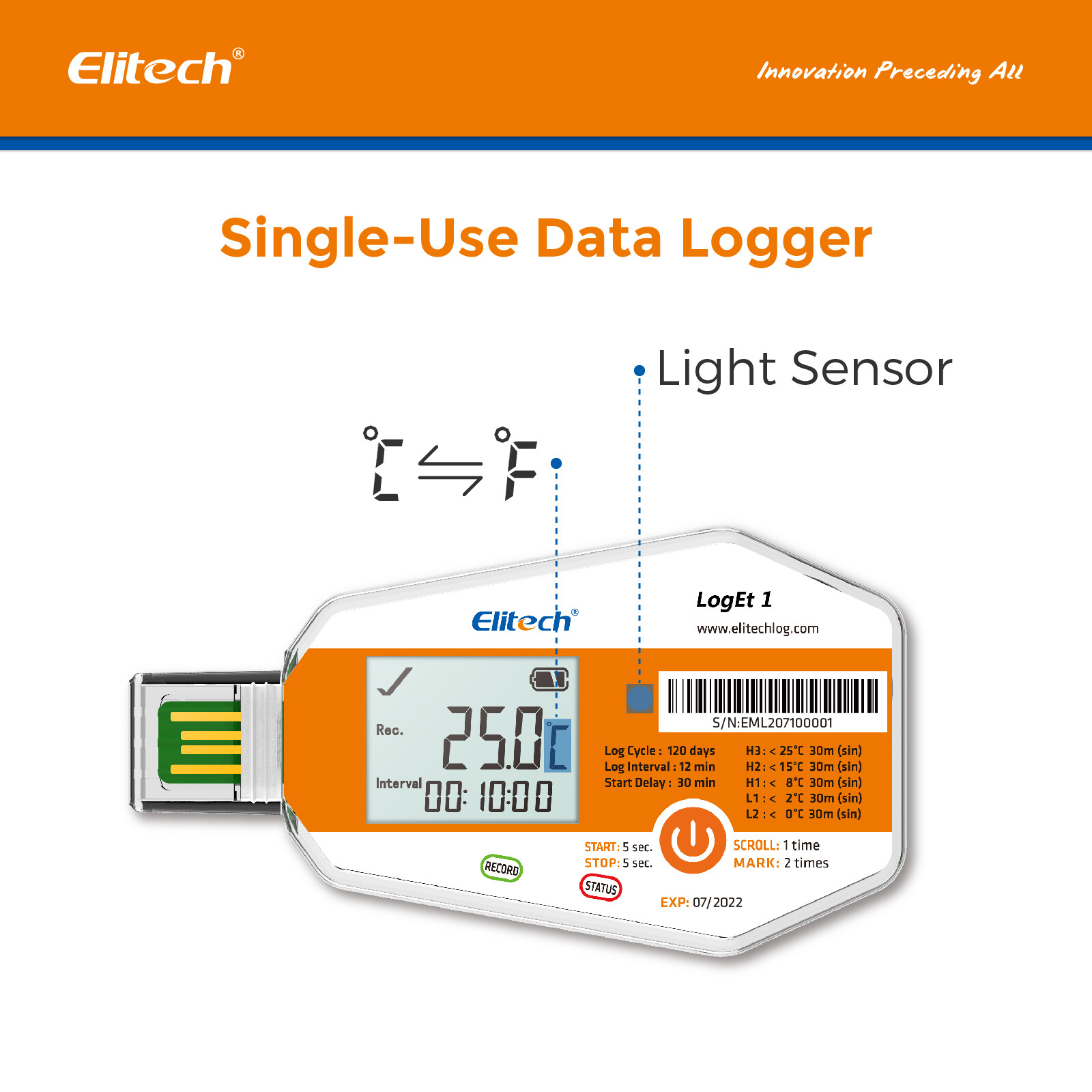 Elitech LogEt 1 Temperature Data Logger Single Use PDF Report USB 16000 Points