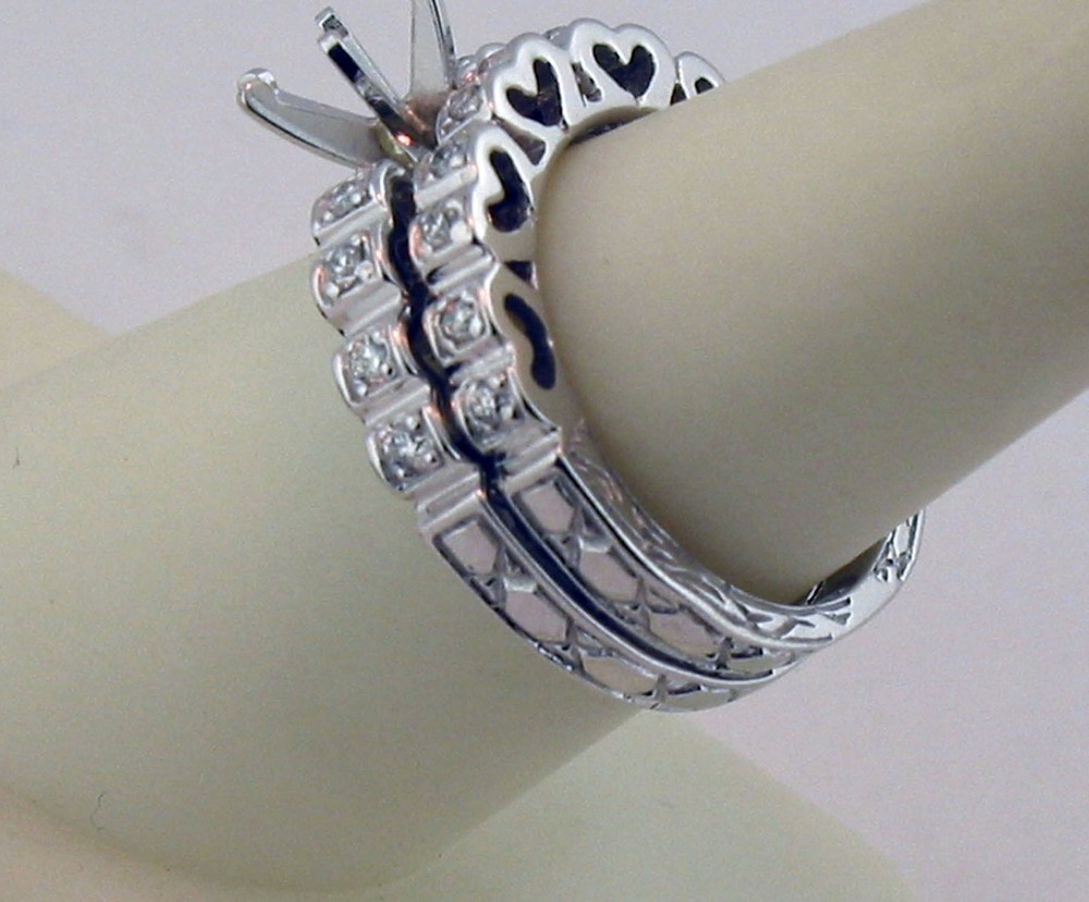 Heart Shape Engrave Style Semi Mount Diamond wedding Set 14K Solid White Gold