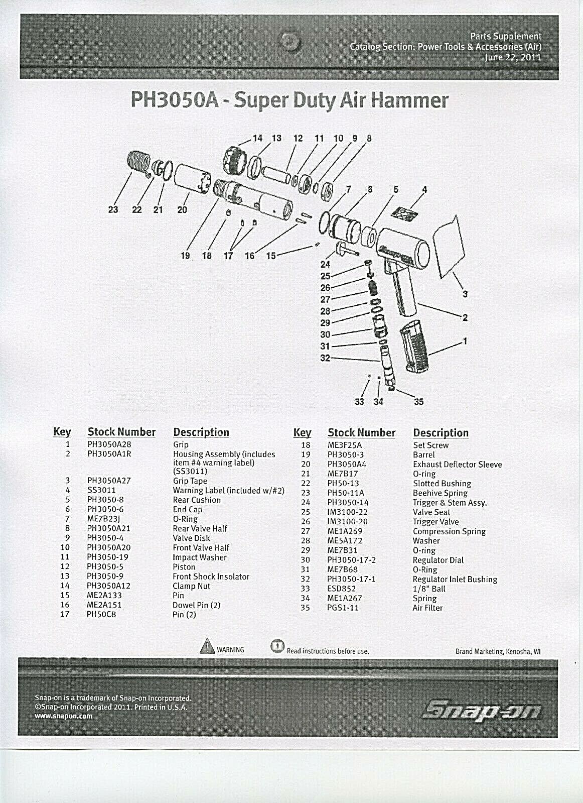 SNAP ON PH3045,PH3050,PH3050A,PH3050B AIR HAMMER TUNE UP KIT A FIFTEEN PIECE LOT