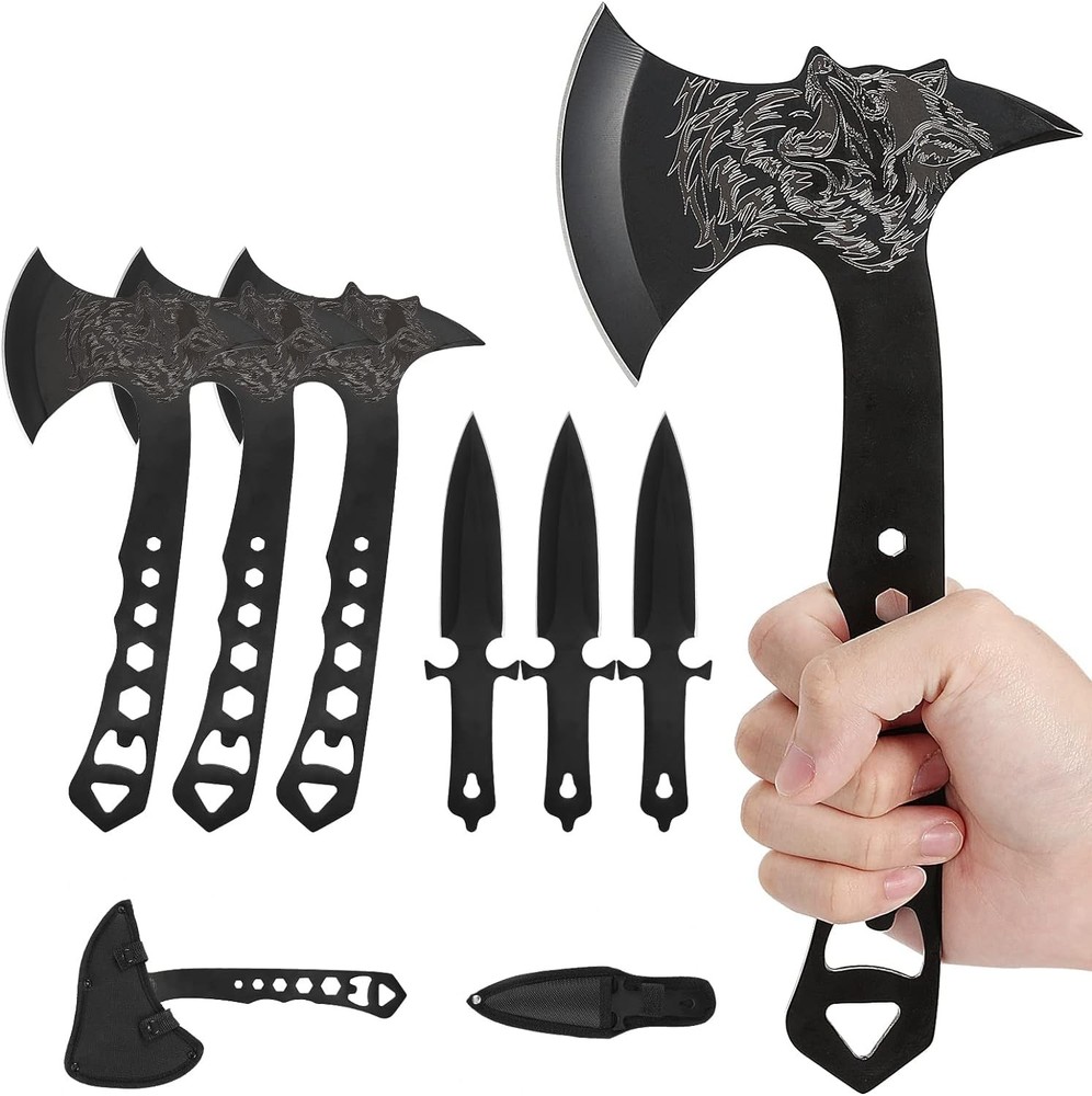 3-Pack Throwing Axe Tomahawk Set with Protective Nylon Sheath & Corkscrew