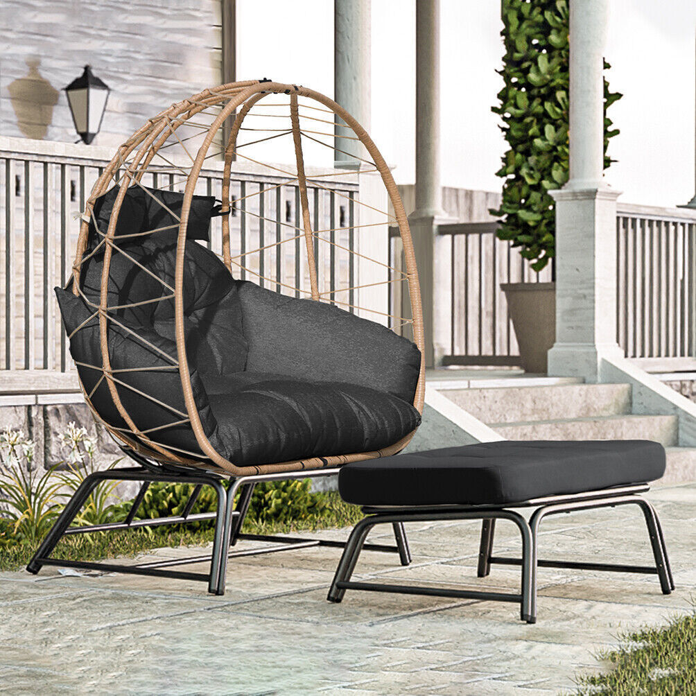 Wicker Egg Chair with Ottoman Outdoor Indoor Oversized Lounger Stand for Porch