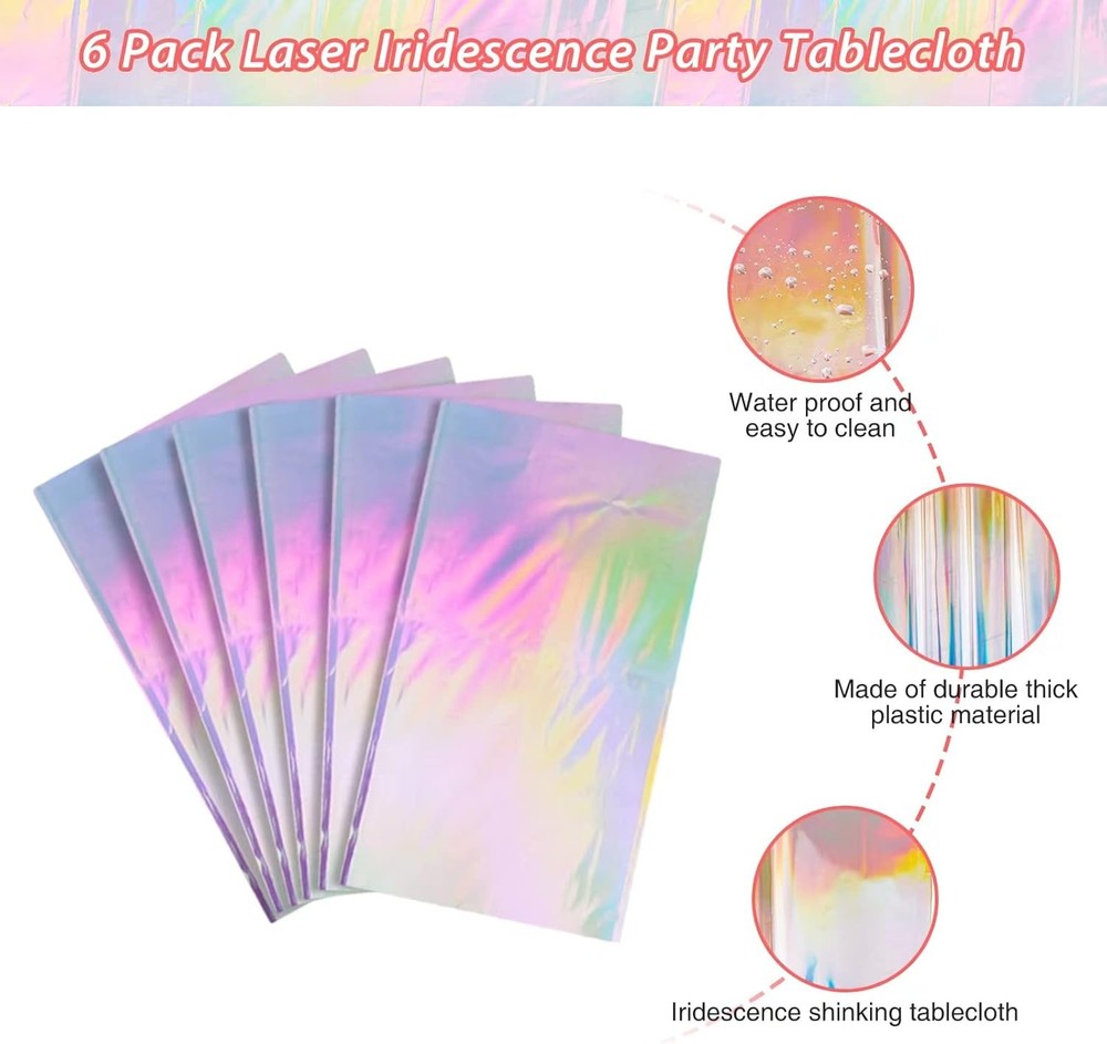 6 Pack Iridescence Plastic Tablecloths Shiny Disposable Laser Rectangle Table