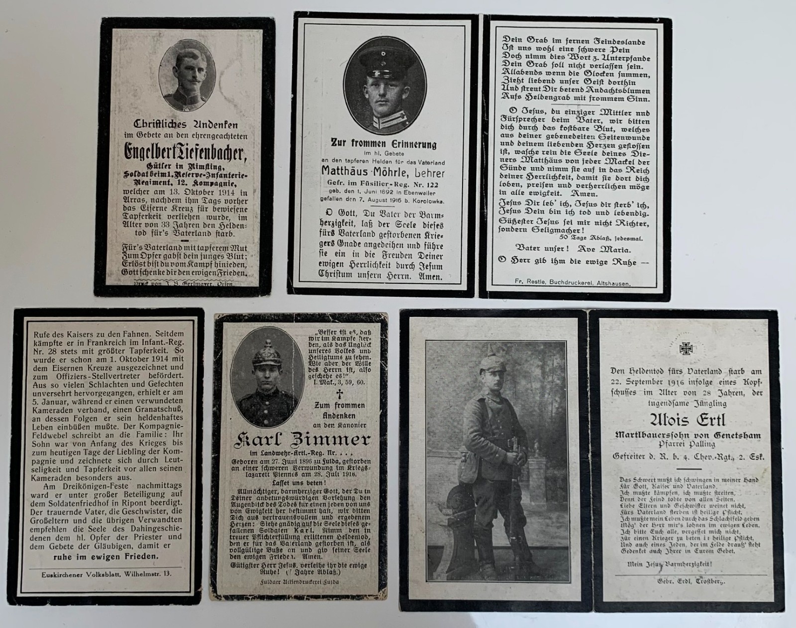 Group 5 KIA WW1 German Army Soldiers Mourning Death Cards Killed in Action