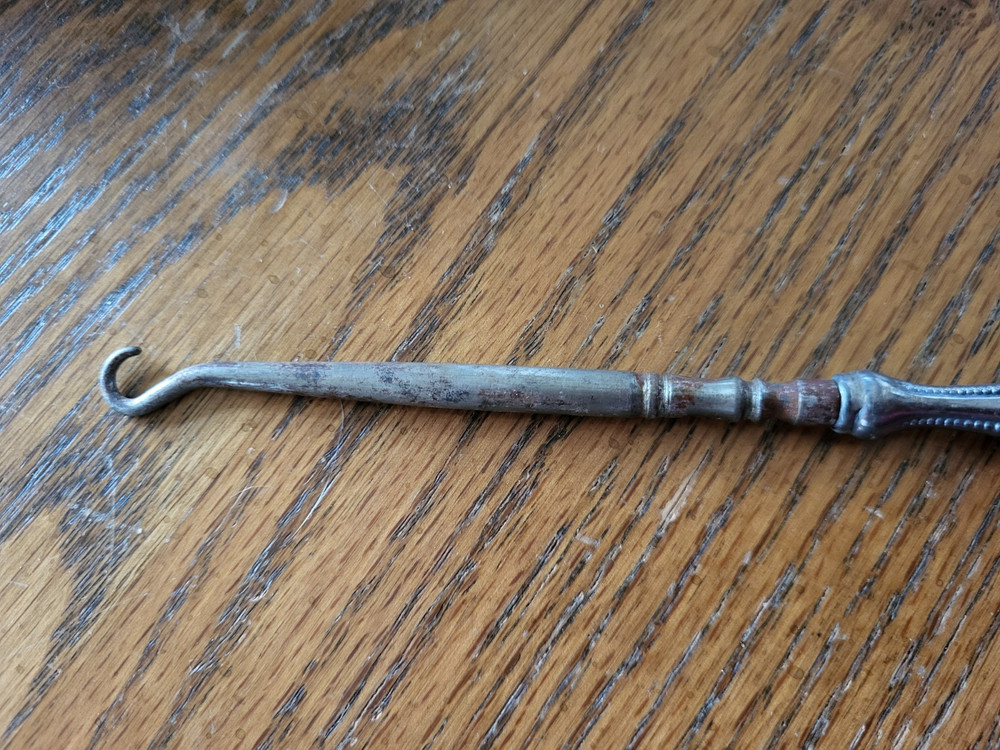 Rare 7" Antique Silver Handle Button Hook Leather Manicure Tool