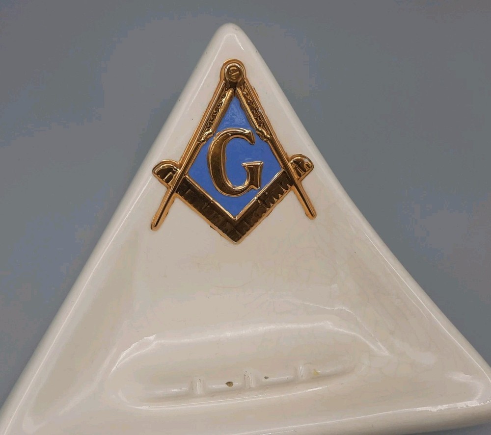 Vintage Masonic Free Mason Triangular Ceramic Ashtray