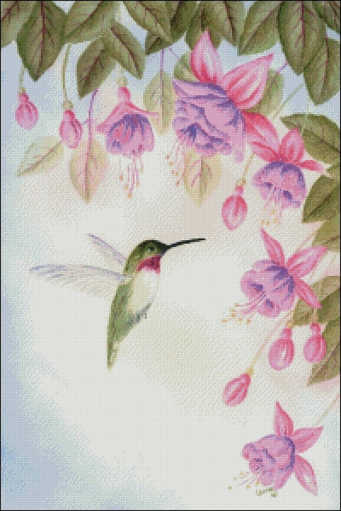 Fuchsia and Hummingbird 2 - DIY Counted Cross Stitch Pattern Needlework