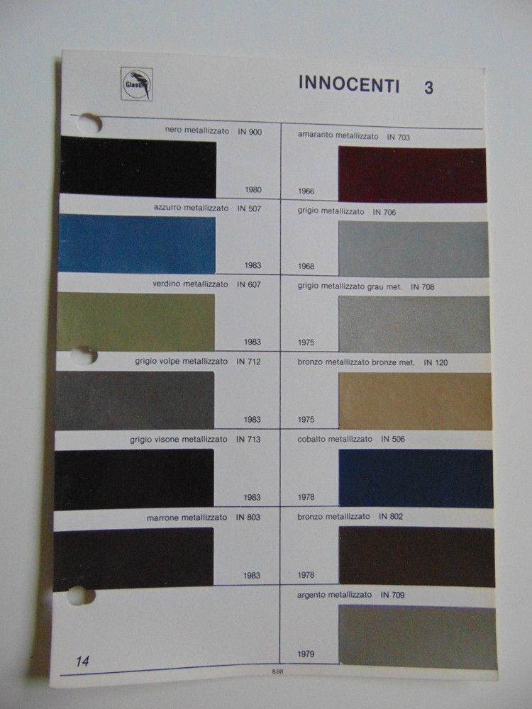 Original Glasurit Innocenti Paint Chips Sheet - 1966-1980