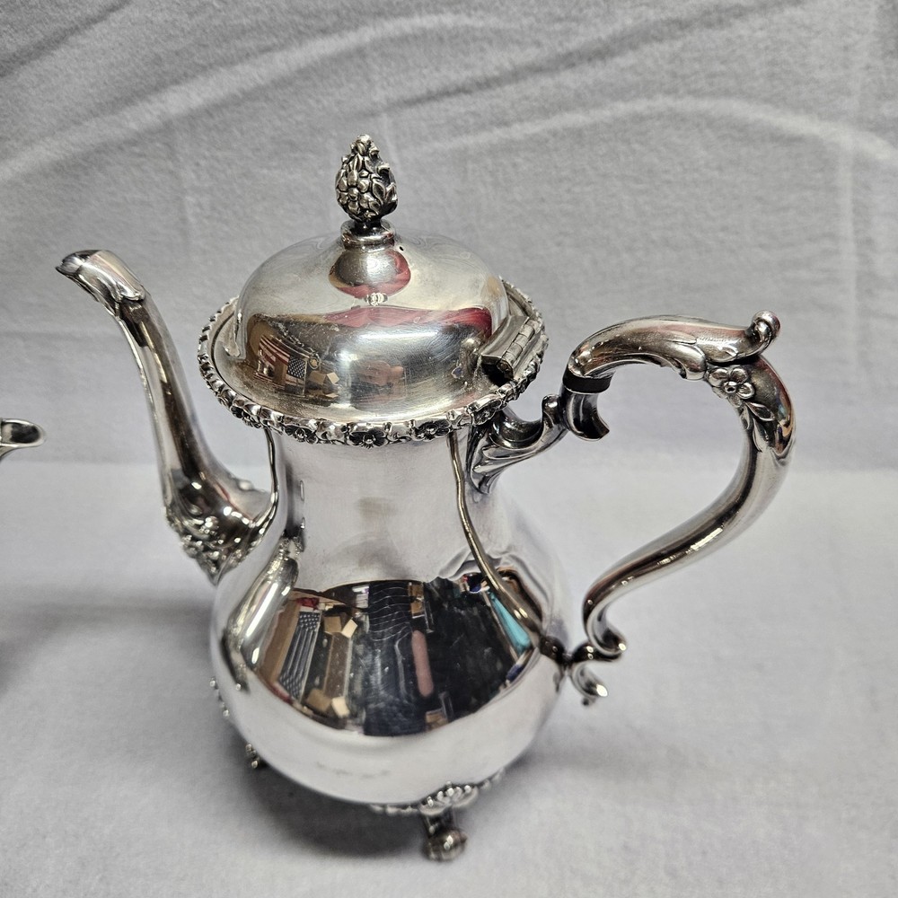 Wilcox International Silver USA Du Barry Floral 7601 & 7602 Tea Coffee Set Vtg