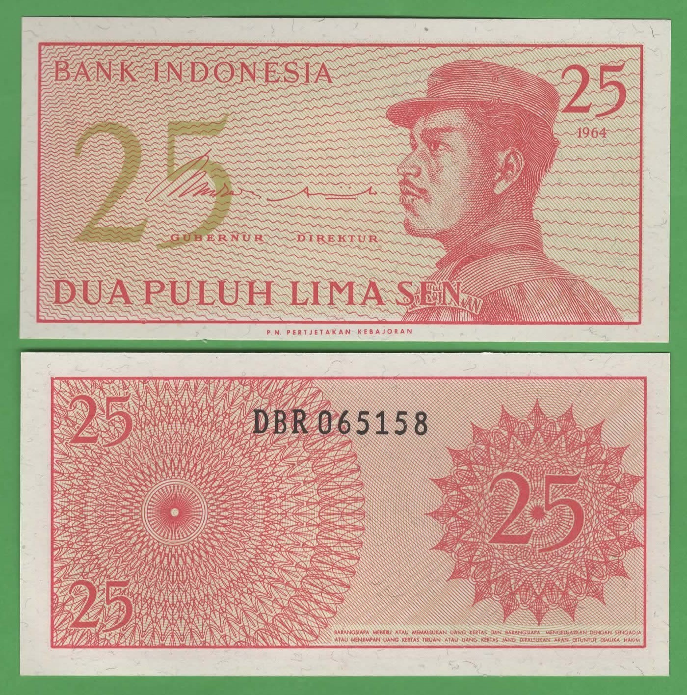 Indonesia 25 Sen UNC • 1964 • P‑93 • Volunteer Man in Uniform • First Rupiah