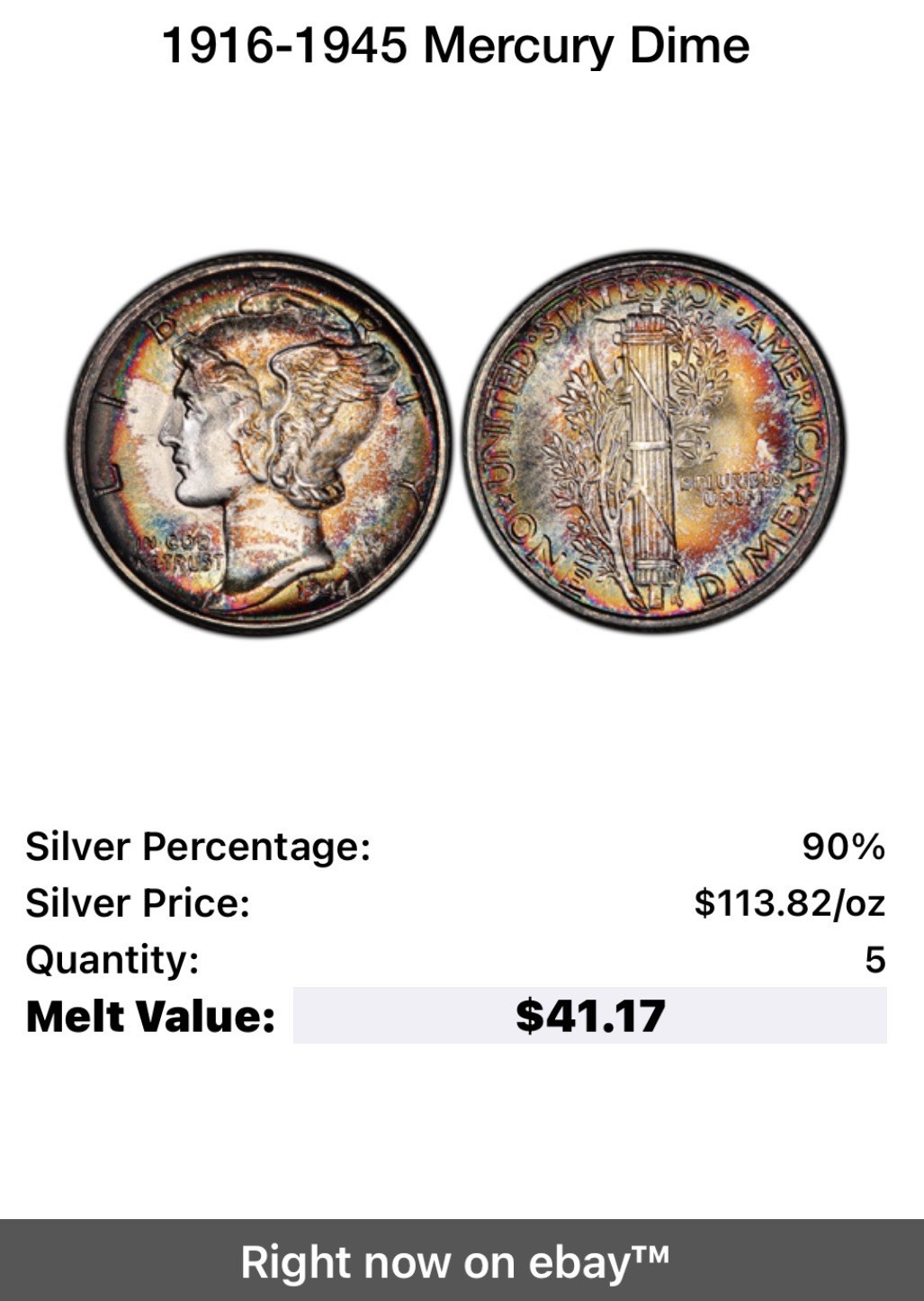 1916-1945 Mercury Dimes (5) Mixed Dates .900 Silver.