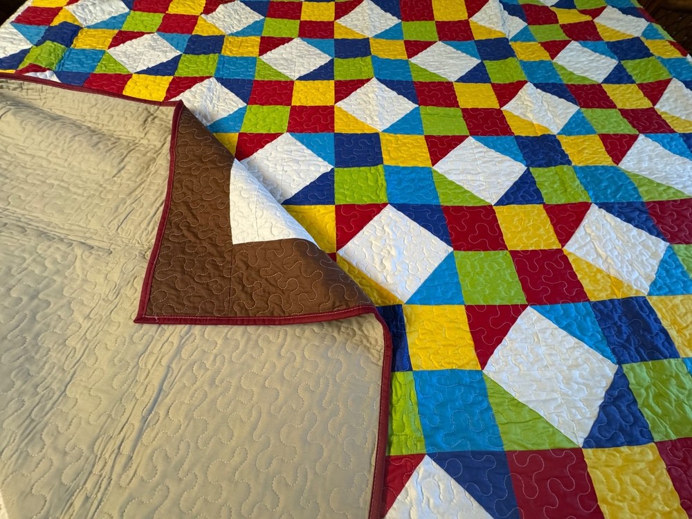 Queen Size Machine Pieced And quilted Single wedding Ring Patchwork Quilt#