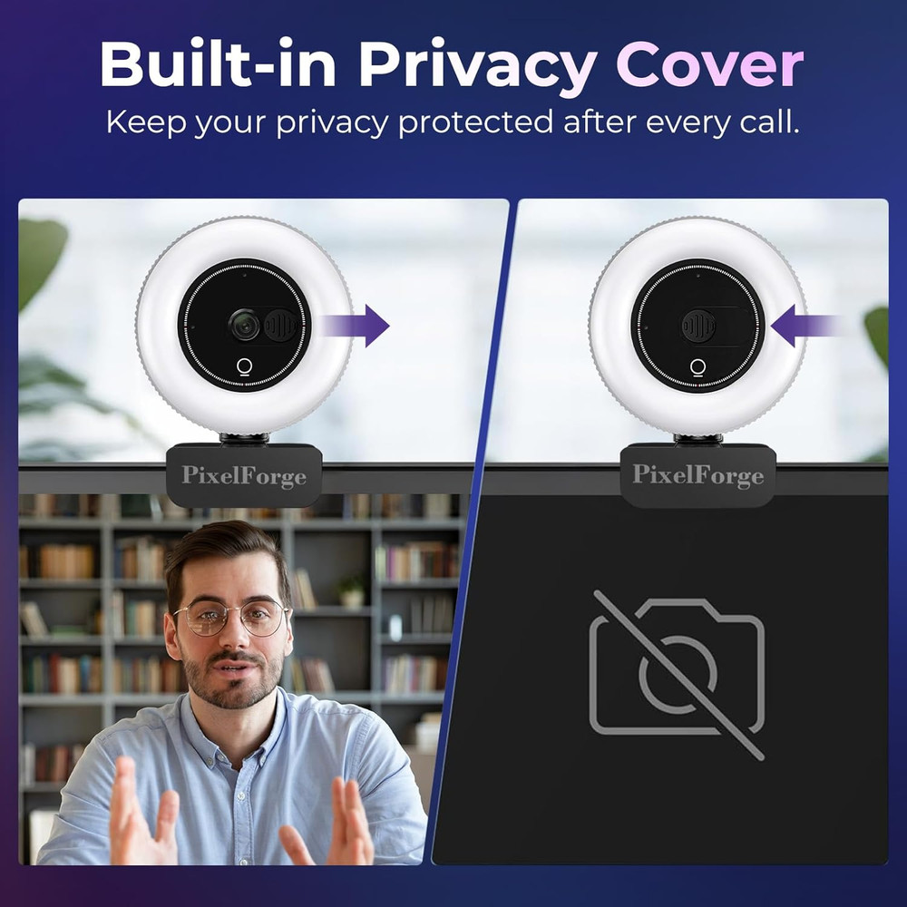 4K Webcam for PC with Microphone & Light & Privacy Cover, Web Camera for Desktop