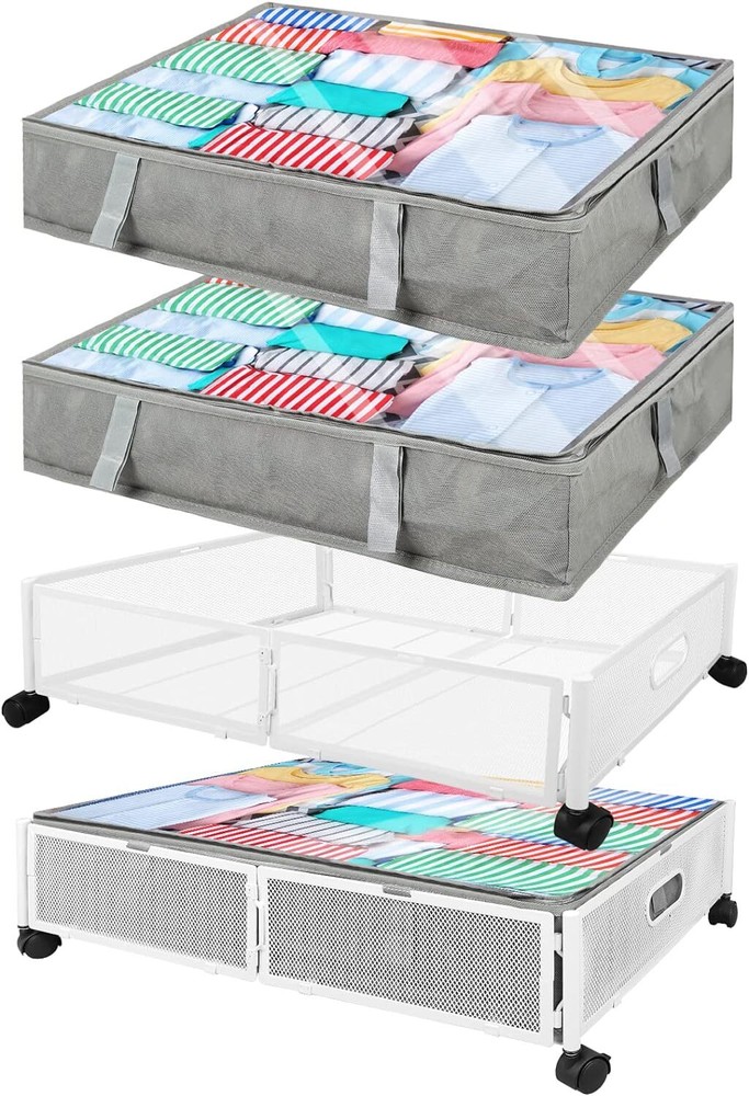 2 Pack Rolling Under Bed Storage Containers, Foldable