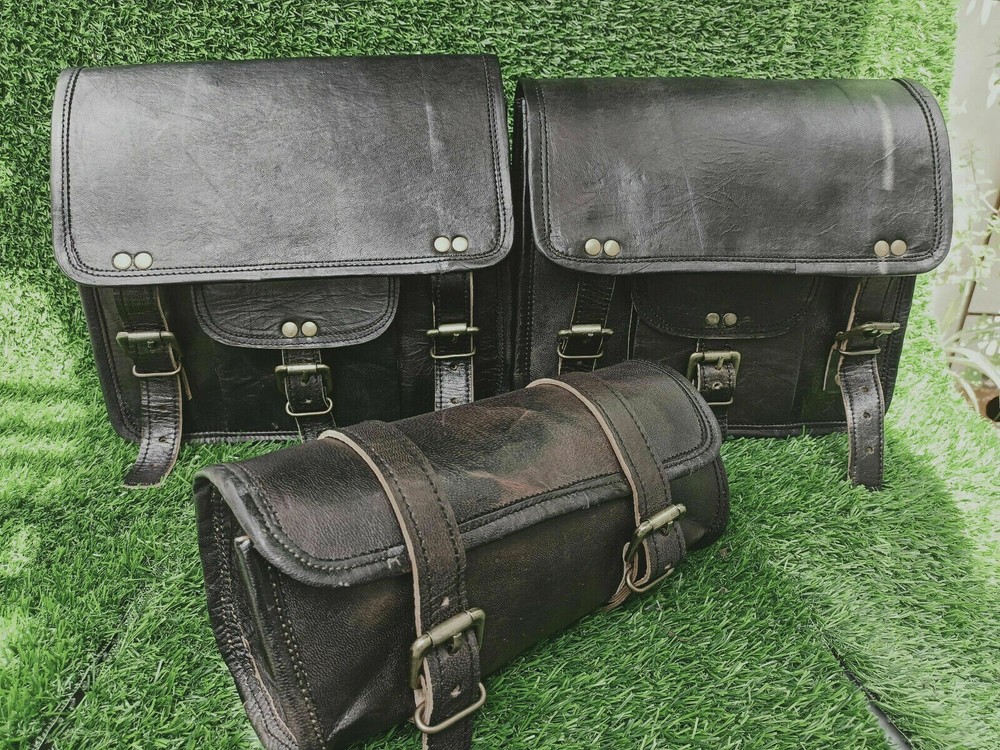 Solid Black Best Leather COMBO Motorcycle Saddle Panniers Tool Pouch Side Bag