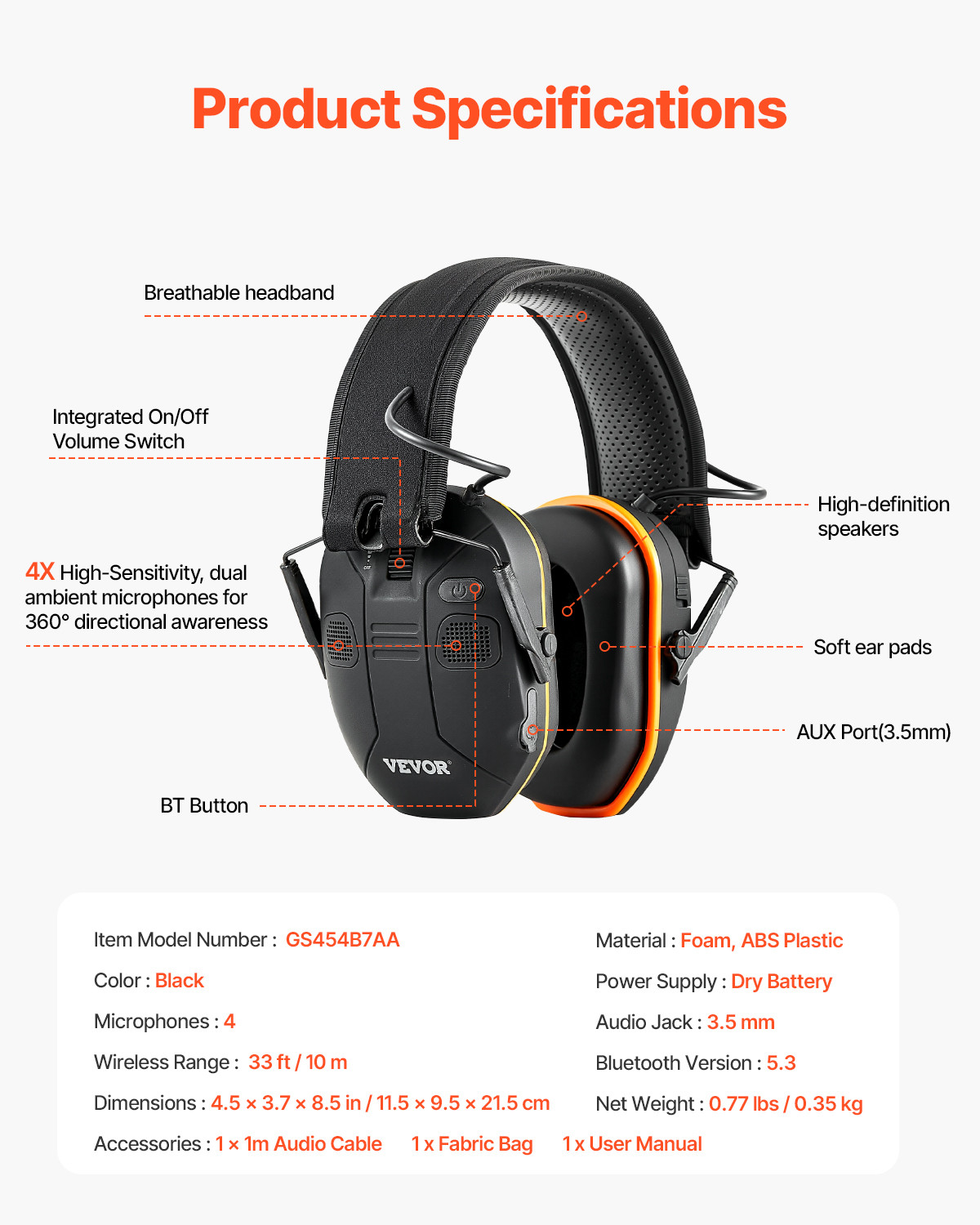 VEVOR Safety Earmuffs Bluetooth Hearing Protection Ear Muffs Noise Reduction