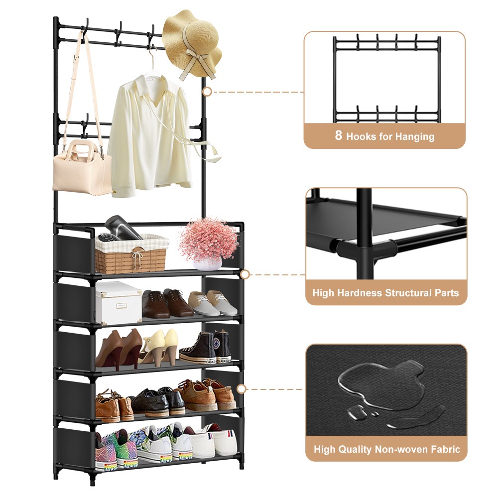 Coat Rack with Shoe Storage,5-Tier Shoe Rack and 8 Clothes Hooks Coat Rack Black