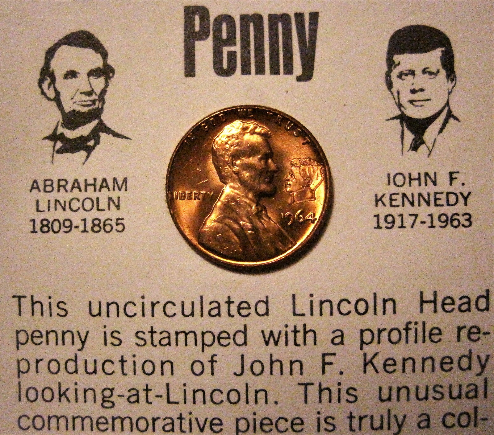 Red Unc 1964 Lincoln Kennedy Penny Astonishing Coincidences JFK Cent Card RD