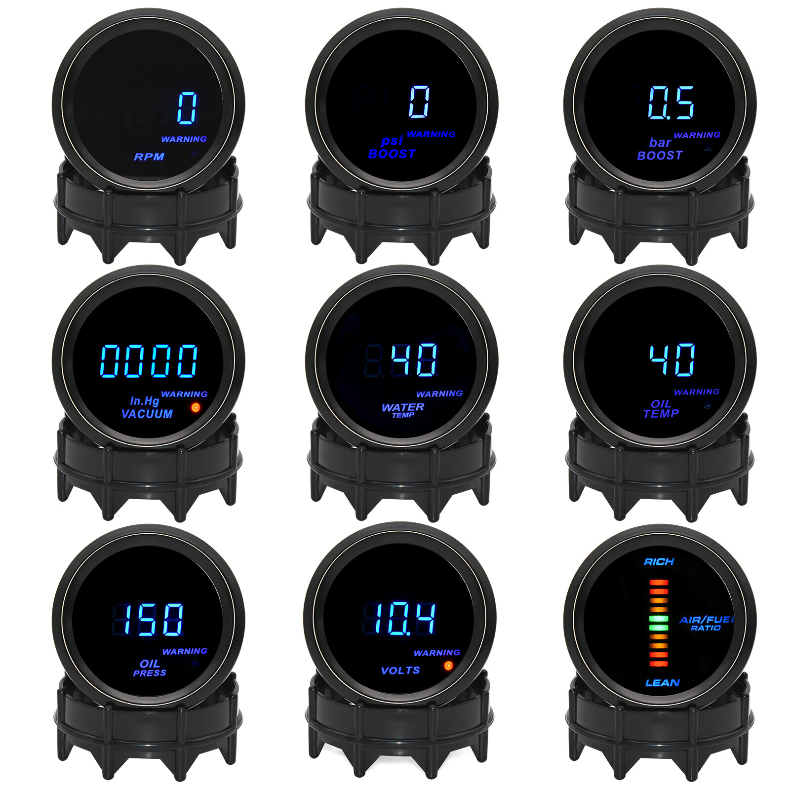 2" 52mm Digital Turbo Boost Water Temp Oil Temp Oil Press Tachometer Volt Gauge