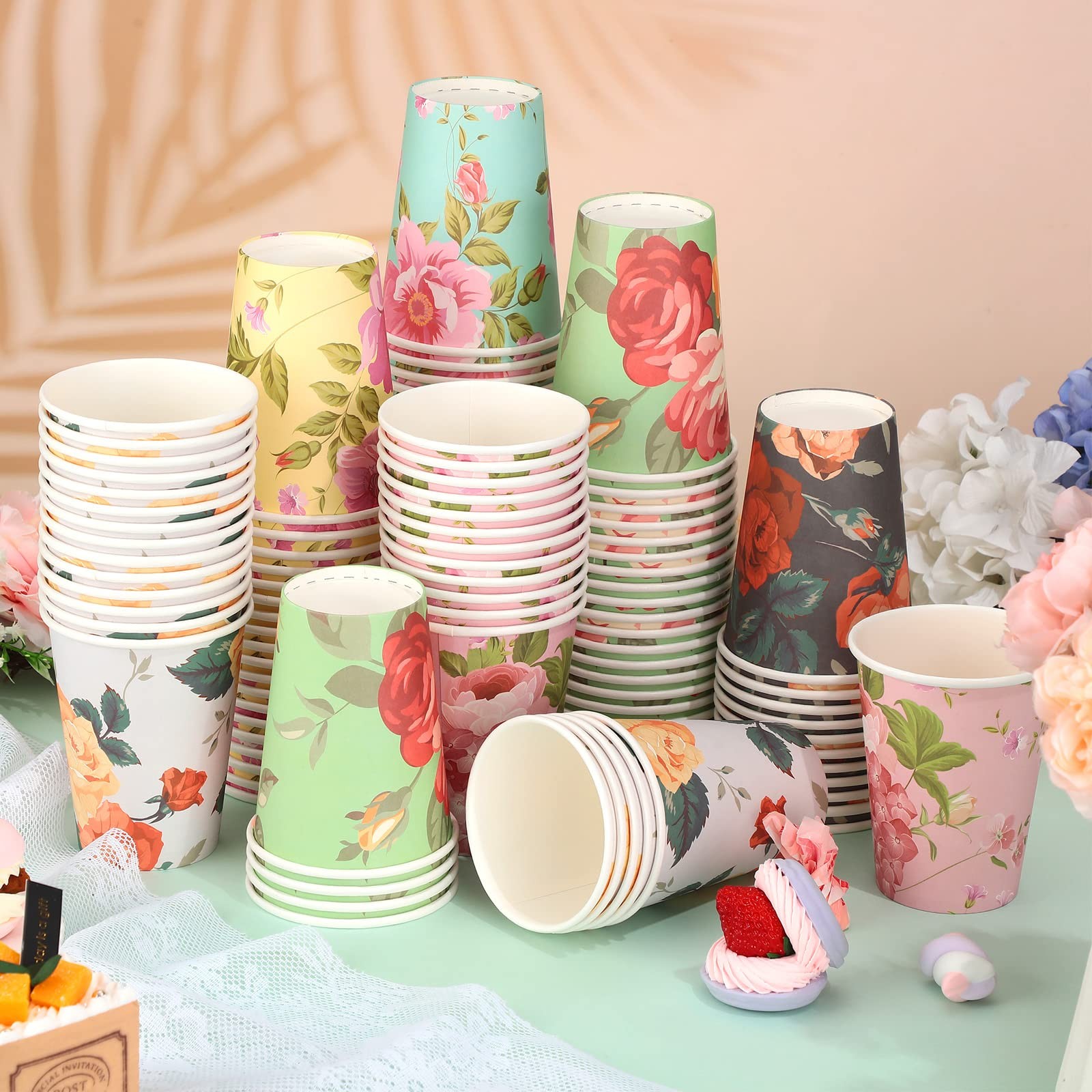 150 Pcs Floral Paper Cups 12 oz Vintage Flower Disposable Cups for Afternoon Tea