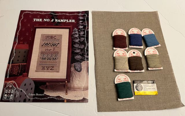 THE NO J SAMPLER Eileen Bennett Chart, Linen Fabric, Ginnie Thompson Thread