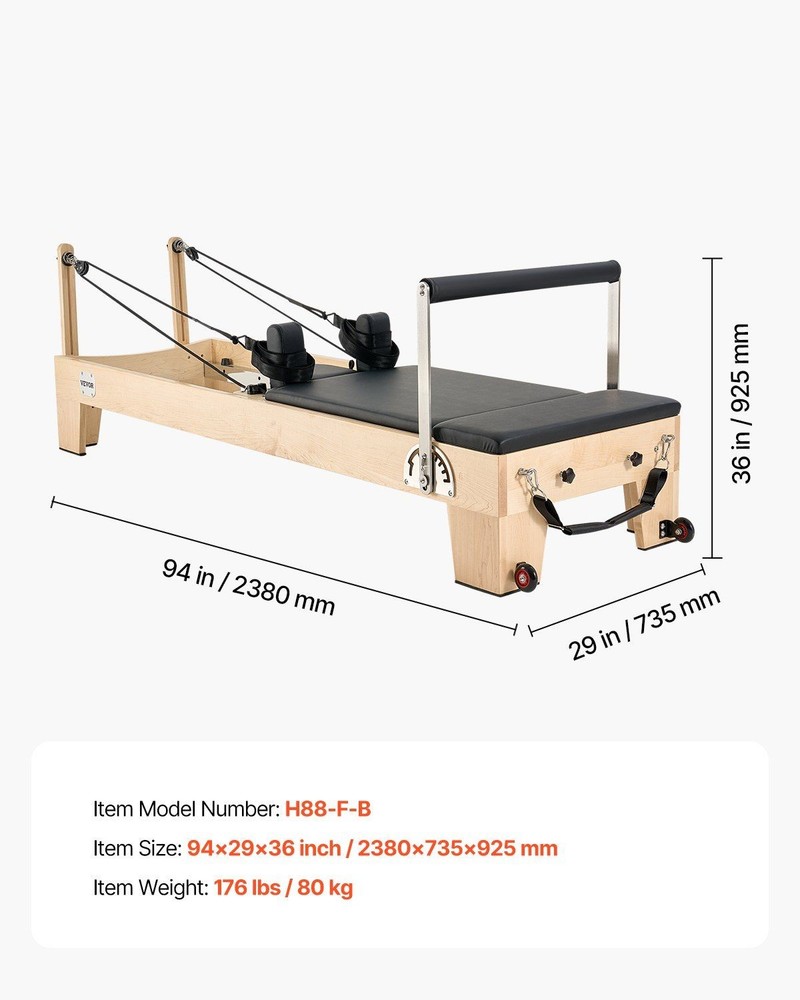 400lb Solid Maple Pilates Reformer, Spring & Cord System, Foam Shoulder Pads