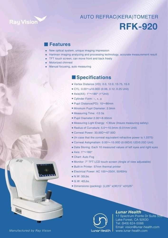 7" TFT Touch Screen Auto-Refractor Keratometer Ophthalmic Refractometer RFK-920