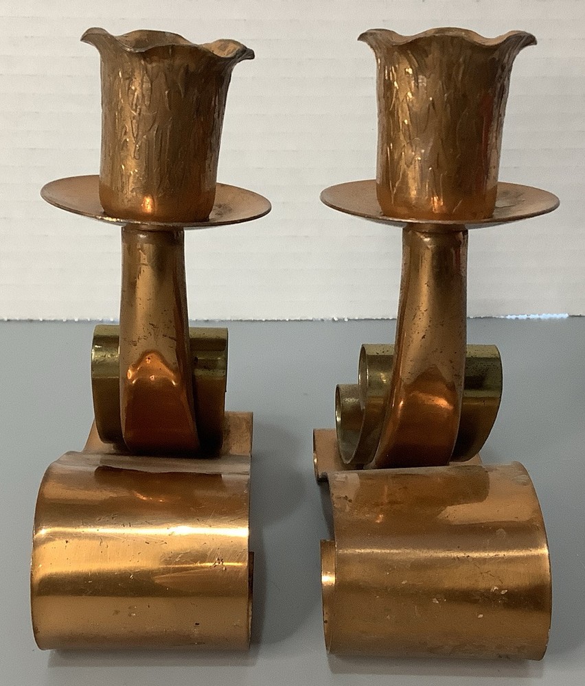 Copper Candlesticks Holders Solid With Brass Flowers Vintage