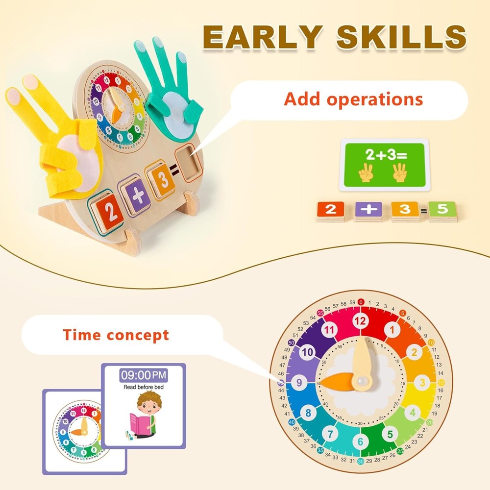 Educational 2 in 1 Math Manipulatives Number Counting Blocks & Teaching Clock fo