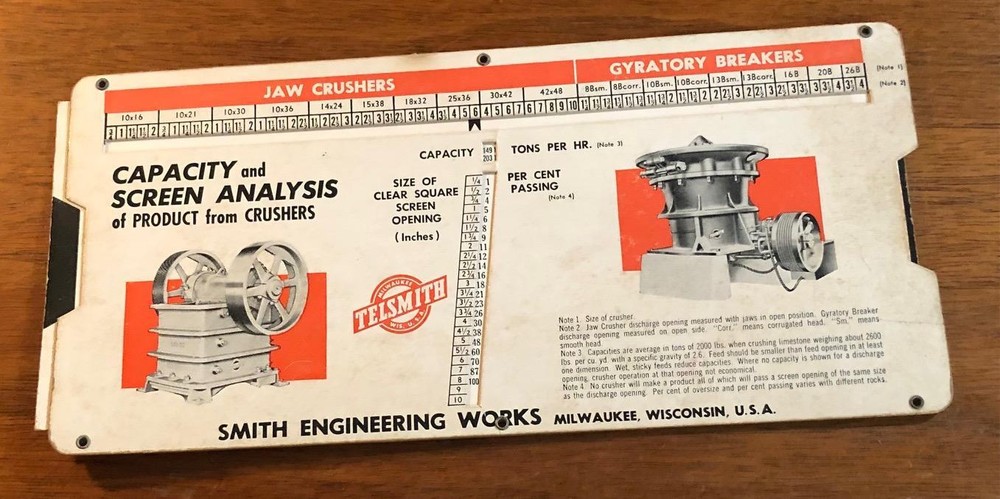 1958 Smith Engineering Works Capacity & Screen Analysis Size Chart