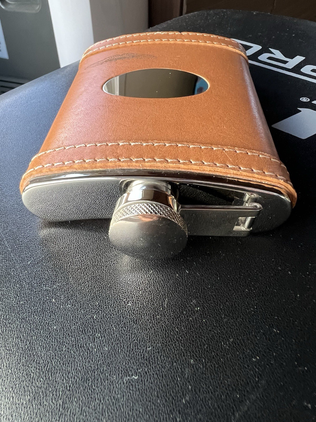 Aston Martin Leather And Stainless 7 oz Hip Flask. From LA Collection With Box.