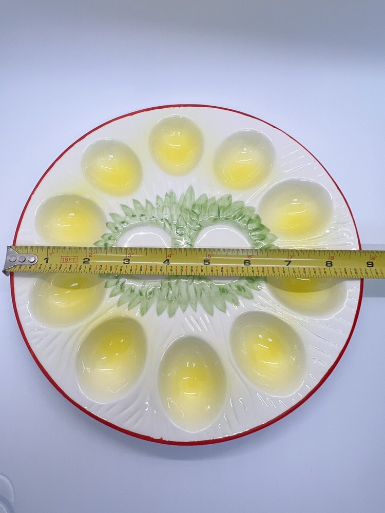Vintage Ceramic ?Enesco Easter deviled eggs platter round, green/yellow/red 9”