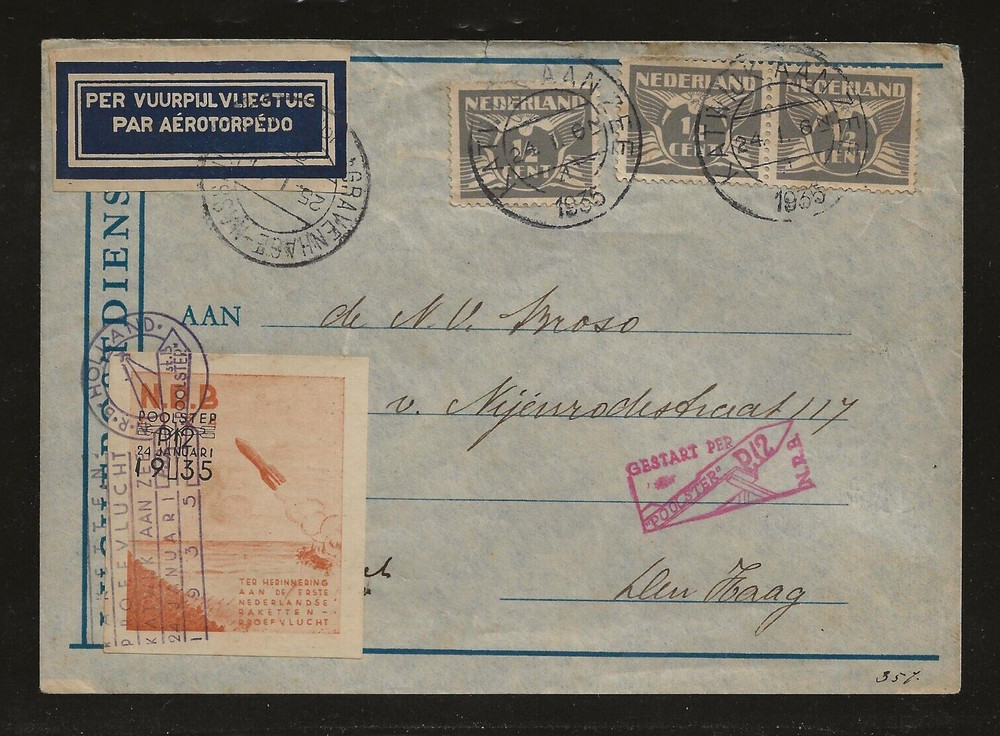 1935 HOLLAND rocket mail - Roberti P-12; POOLSTEP error - EZ 4C2d