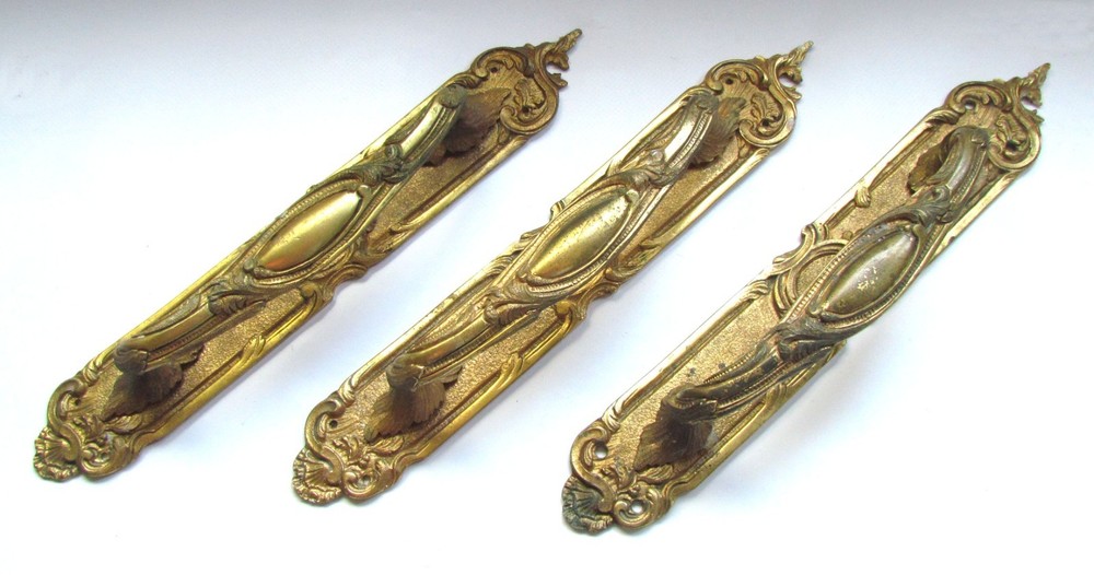 Antique Victorian Rococo Brass Door Pull Handles x 3