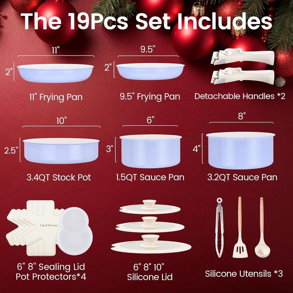 Ceramic Nonstick Cookware Set with Detachable Handle 19Pk Set Light Purple