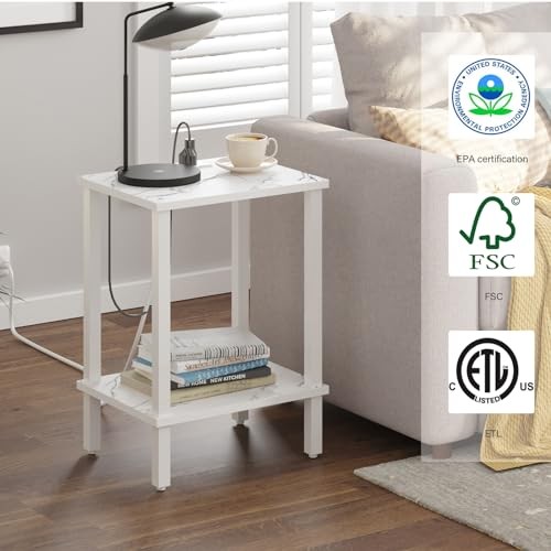 End Table with Charging Station, Small Side Table with Outlets, 1 Marble White
