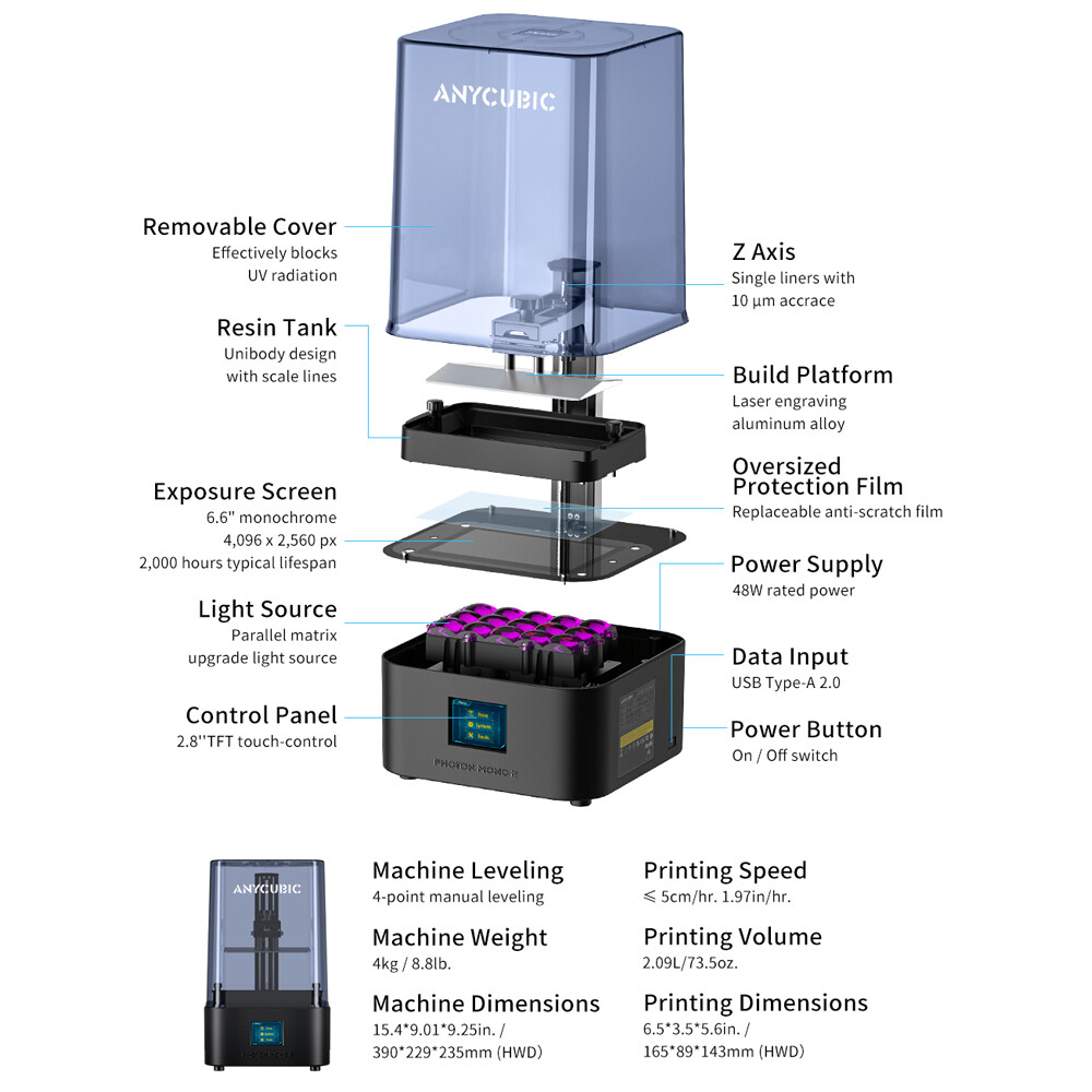 ANYCUBIC Photon Mono 2 Resin 3D Printer 6.6" 4K+ LCD Screen / Wash & Cure 3 lot