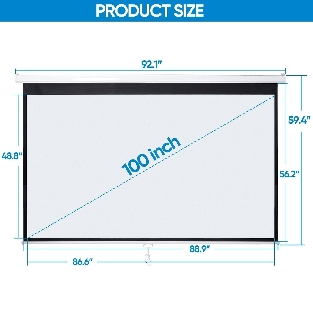 100" Diagonal 16:9 Projection Projector Screen HD Manual Pull Down Home Theater