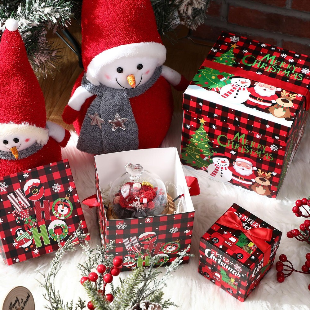 3 Pcs Christmas Nesting Gift Boxes Buffalo Plaid Xmas Stackable Boxes Black R...