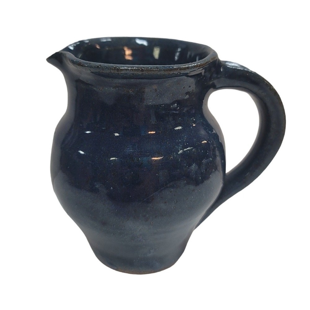 Tiny blue pitcher vase art pottery signed 1990 4" tall with handle