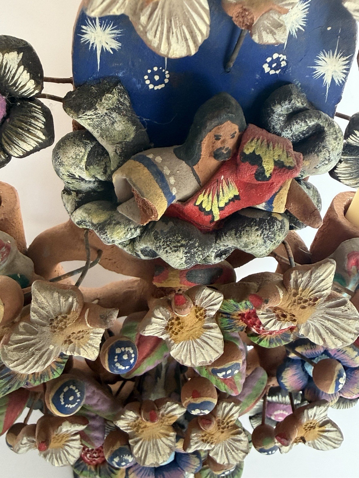 Mexican Clay TREE of LIFE Handmade Multi Color Folk Art Candelabra 12.5" Tall