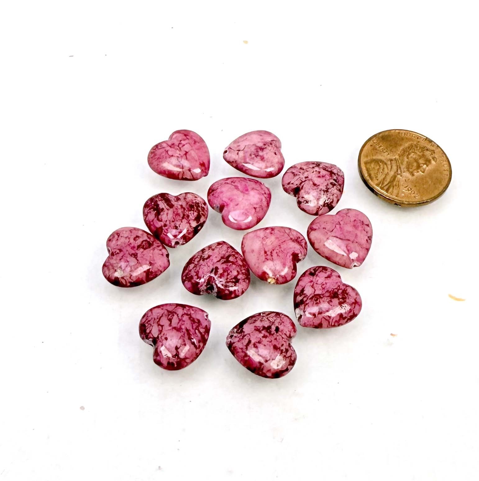 12 Rain Flower Stone Light Fuchsia / Pink Heart Beads 12mm