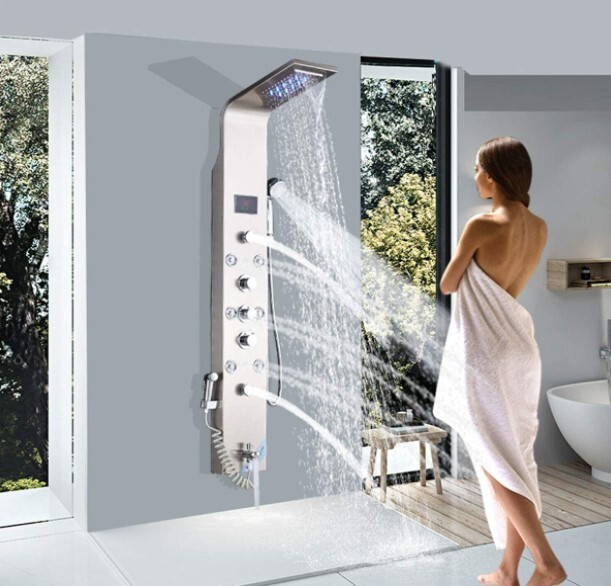 Shower Wall Panel Tower System Brushed Nickel Rainfall Waterfall Massage Jets